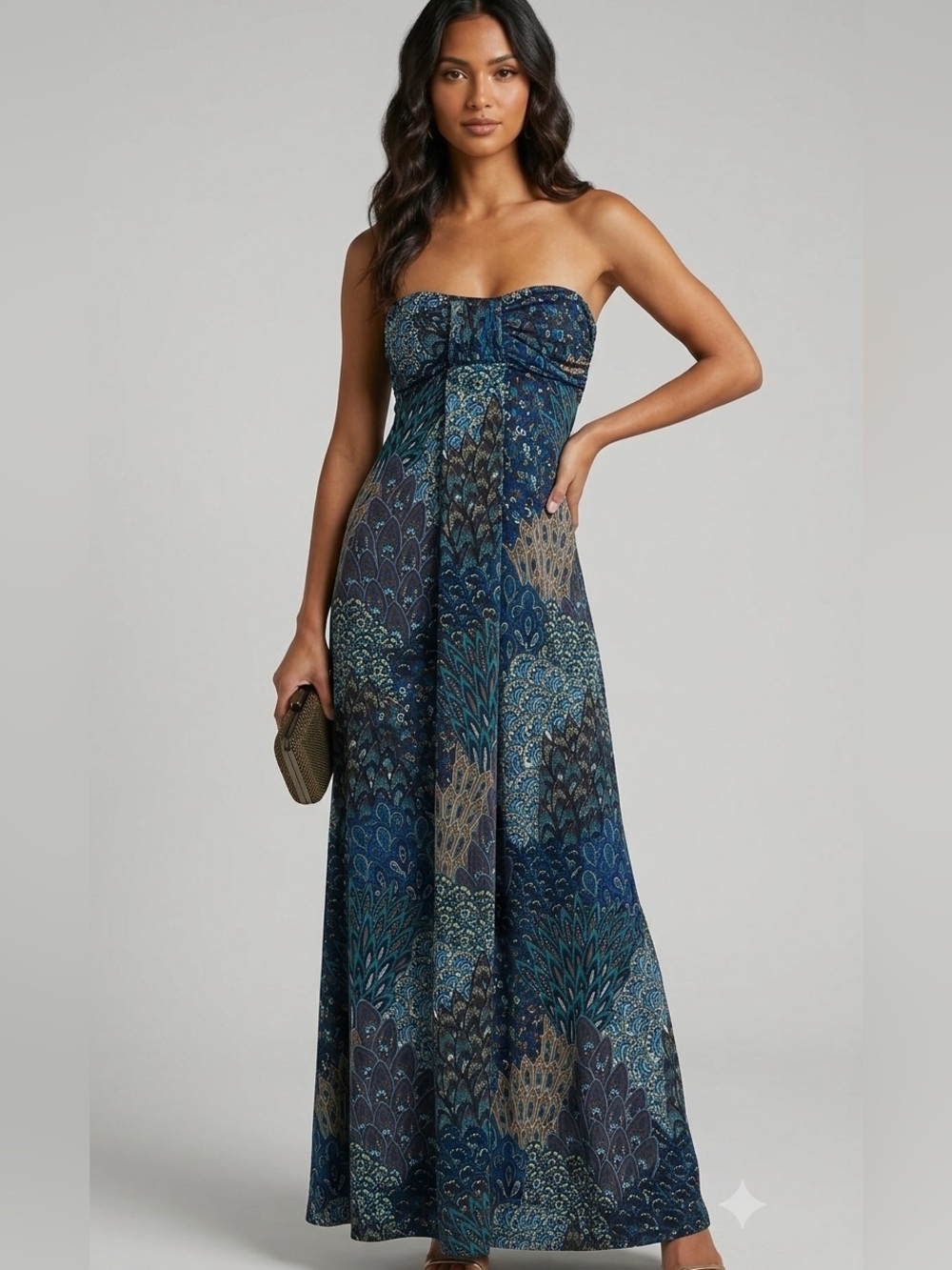 Strapless Patterned Maxi Dress in Navy and Teal Whimsigoth Boho Festival